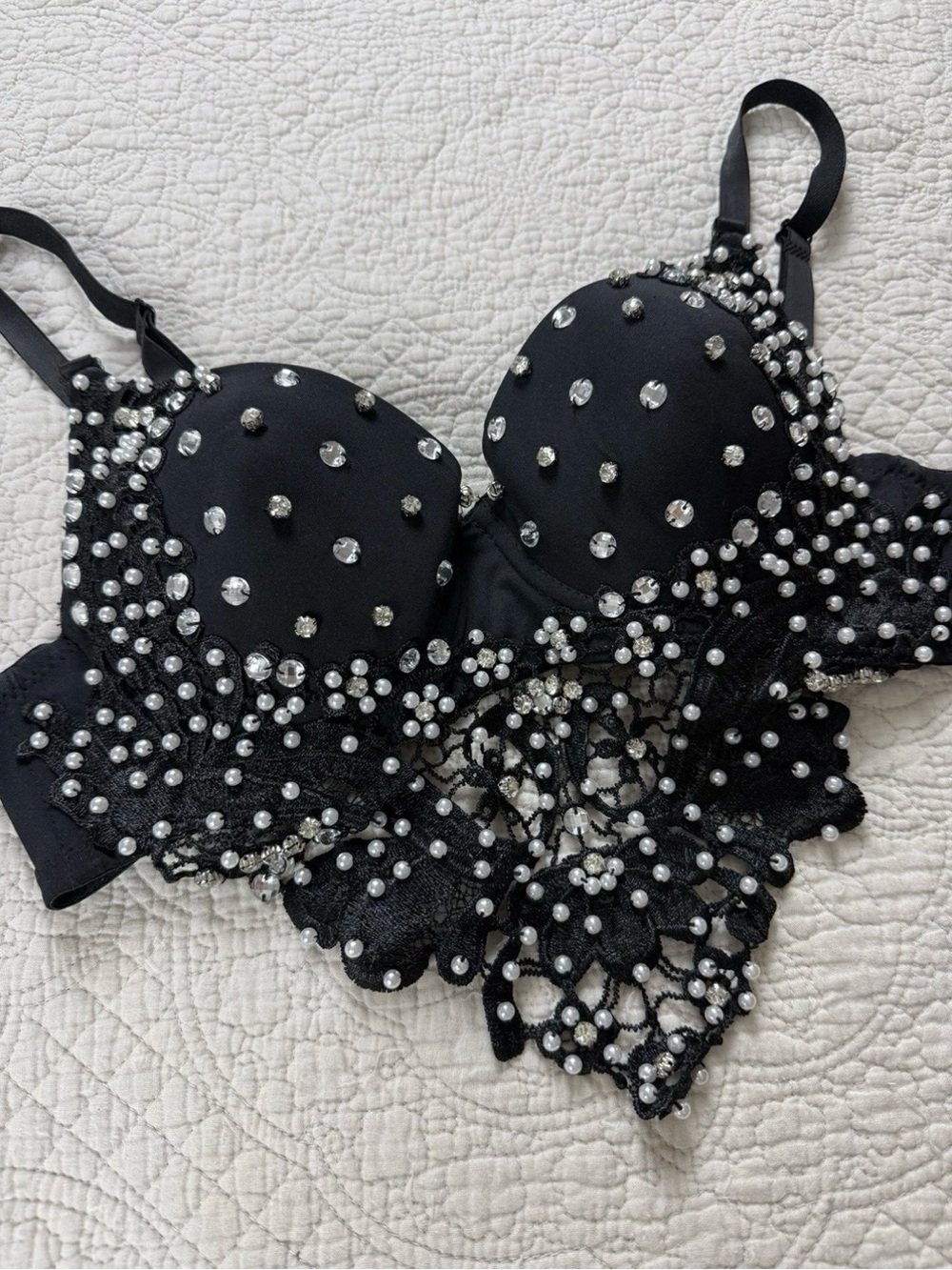 Black Hand Embellished Rhinestone & Pearl Lace Bra Festival Top